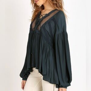 Free People Don’t Let Go Black Peasant Pebbled Lace Up Boho Flowy Top Sz XS